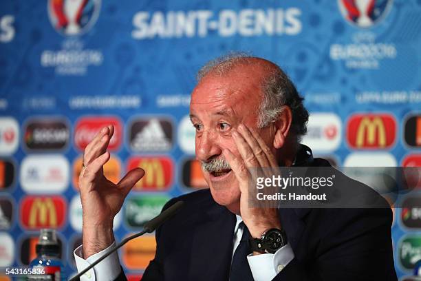 In this handout image provided by UEFA head coach Vicente del Bosque of Spain attends a press conference at Stade de France on June 26, 2016 in...