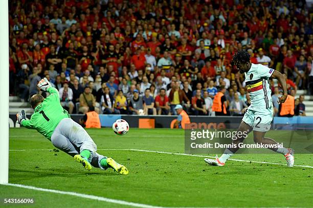 Michy Batshuayi of Belgium scores his team's second goal past Gabor Kiraly of Hungary during the UEFA EURO 2016 round of 16 match between Hungary and...