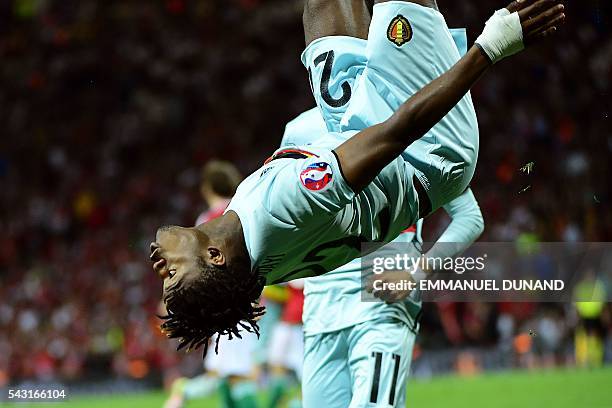 Belgium's forward Michy Batshuayi celebrates after scoring his team's second goal during the Euro 2016 round of 16 football match between Hungary and...