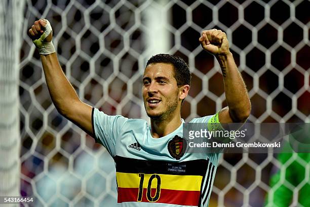 Eden Hazard of Belgium celebrates his team's second goal by Michy Batshuayi during the UEFA EURO 2016 round of 16 match between Hungary and Belgium...