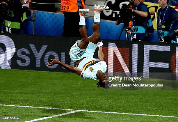 Michy Batshuayi of Belgium celebrates scoring his team's second goal during the UEFA EURO 2016 round of 16 match between Hungary and Belgium at...