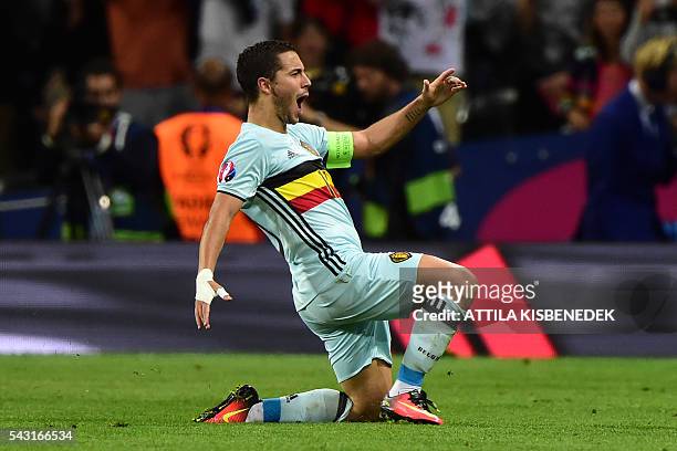 Belgium's forward Eden Hazard celebrates after scoring his team's third goal during the Euro 2016 round of 16 football match between Hungary and...