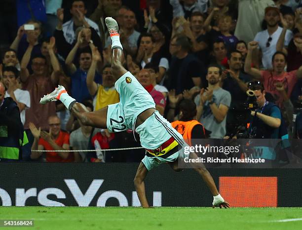 Michy Batshuayi of Belgium celebrates scoring his team's second goal during the UEFA EURO 2016 round of 16 match between Hungary and Belgium at...