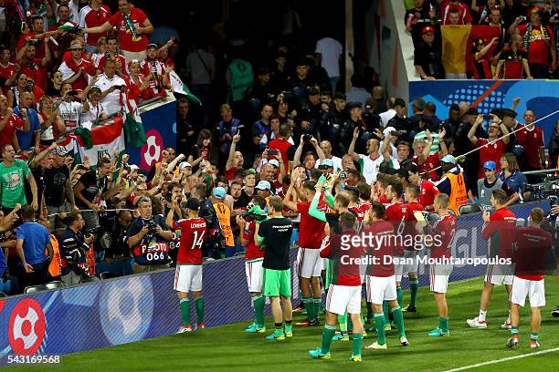 Hungary players applaud the supporters after the UEFA EURO 2016 round of 16 match between Hungary and Belgium at Stadium Municipal on June 26, 2016...
