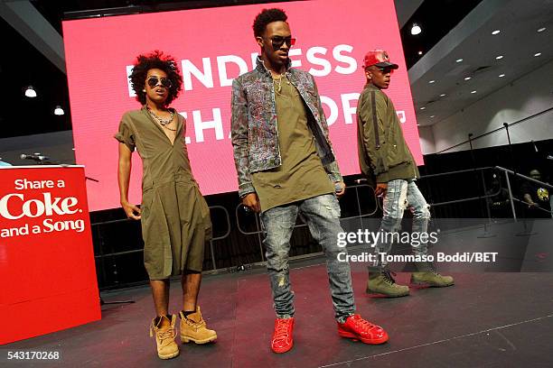 Recording artists Princeton, EJ and Craig Crippen of Mindless Behavior perform onstage at the Coke music studio during the 2016 BET Experience on...