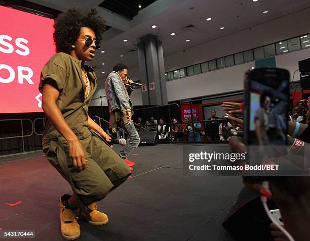 Recording artists Princeton and Mike of Mindless Behavior perform onstage during the Coke music studio during the 2016 BET Experience on June 26,...