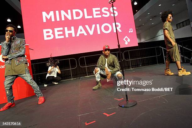 Recording artists Craig Crippen, EJ and Princeton of Mindless Behavior perform onstage at the Coke music studio during the 2016 BET Experience on...