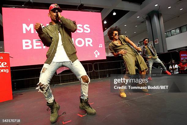 Recording artists EJ, Princeton and Mike of Mindless Behavior perform onstage at the Coke music studio during the 2016 BET Experience on June 26,...