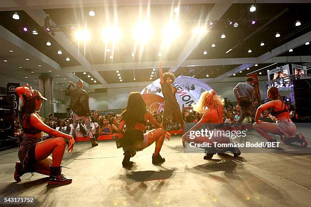 Recording artists EJ, Princeton and Mike of Mindless Behavior perform onstage at the Coke music studio during the 2016 BET Experience on June 26,...