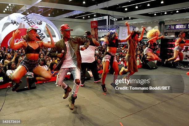 Recording artists EJ and Princeton of Mindless Behavior perform onstage at the Coke music studio during the 2016 BET Experience on June 26, 2016 in...