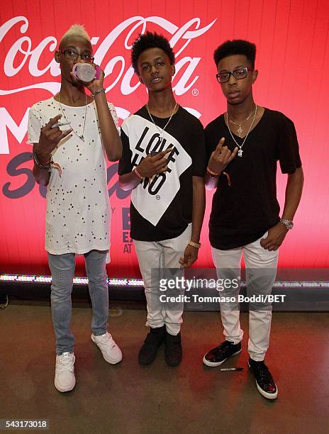 Musicians Alec Atkins, Malcolm Brickhouse and Jarad Dawkins of Unlocking the Truth attend the Coke music studio during the 2016 BET Experience on...