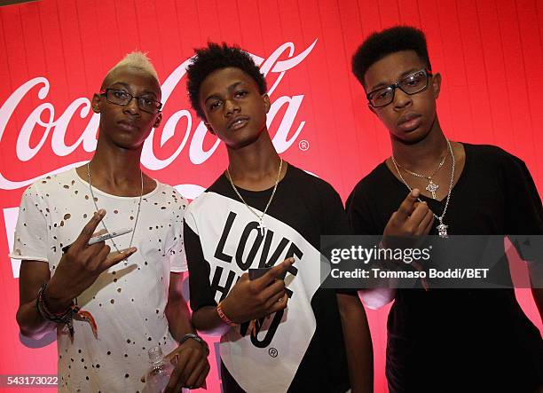 Musicians Alec Atkins, Malcolm Brickhouse and Jarad Dawkins of Unlocking the Truth attend the Coke music studio during the 2016 BET Experience on...