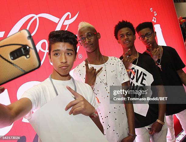 Musicians Alec Atkins, Malcolm Brickhouse and Jarad Dawkins of Unlocking the Truth attend the Coke music studio during the 2016 BET Experience on...