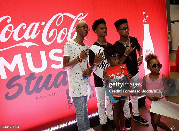 Musicians Alec Atkins, Malcolm Brickhouse and Jarad Dawkins of Unlocking the Truth attend the Coke music studio during the 2016 BET Experience on...