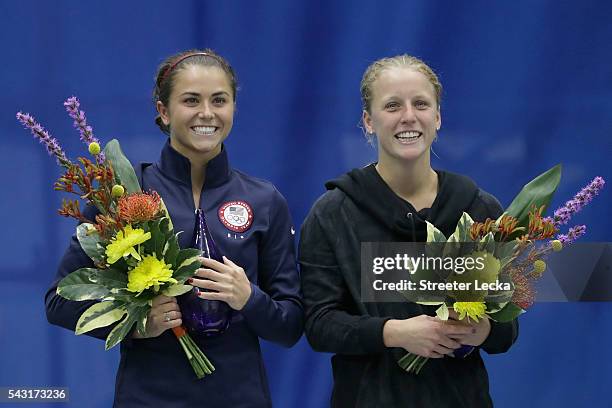 Kassidy Cook and Abby Johnston celebrate after the Women's 3m Springboard final during day 9 of the 2016 U.S. Olympic Team Trials for diving at...