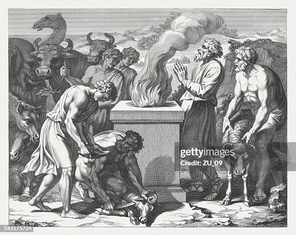 ilustraciones, imágenes clip art, dibujos animados e iconos de stock de noah el sacrificio después de la difusión (génesis 8), publicado en 1841 - antiguo-testamento