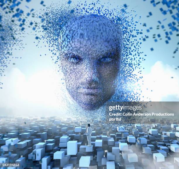 mixed race person examining cloud blocks forming face in sky - pixelated face stock pictures, royalty-free photos & images