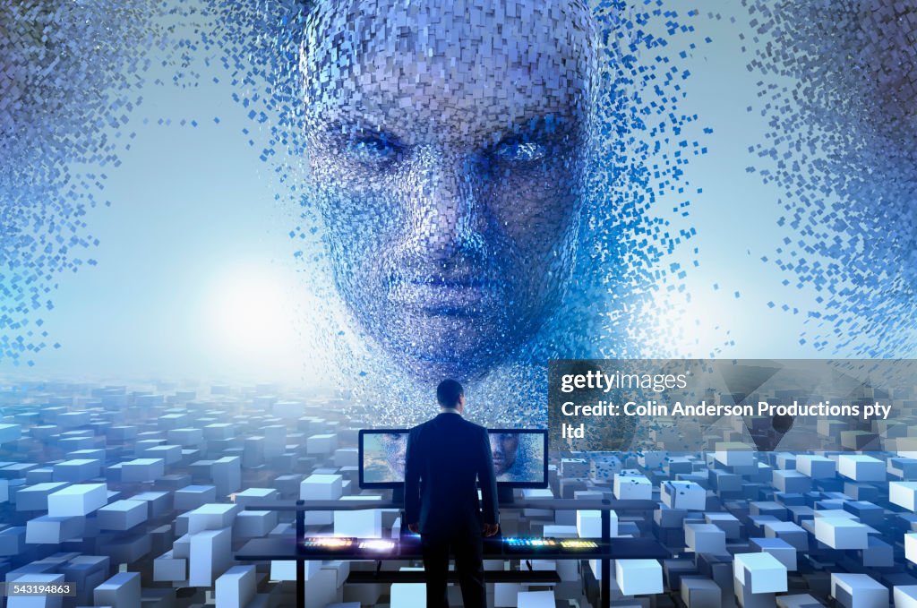 Security officer watching cloud blocks forming face in sky