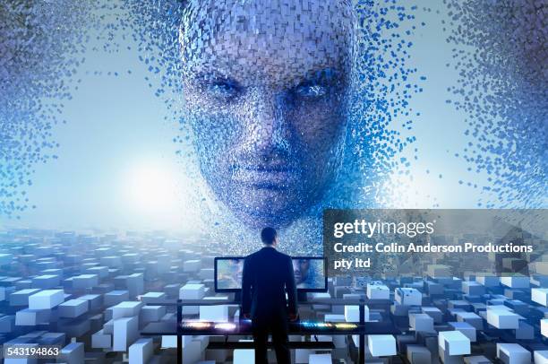 security officer watching cloud blocks forming face in sky - big brother stock pictures, royalty-free photos & images