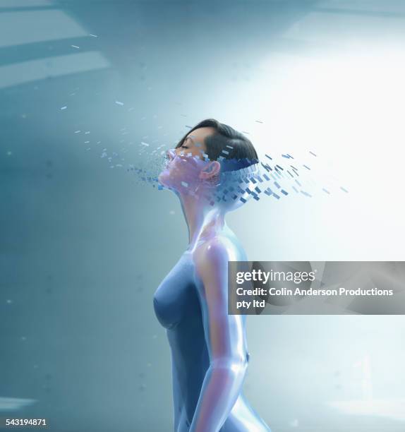 pacific islander woman wearing artificial technology mask - artificial fotografías e imágenes de stock