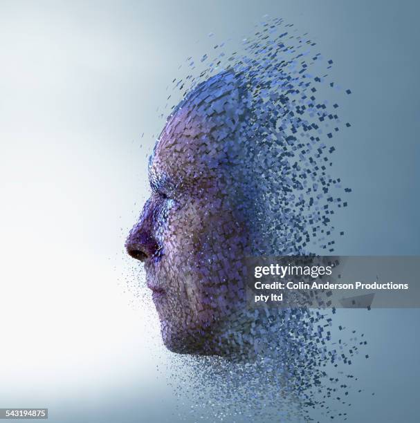 cloud blocks forming face in sky - representación humana fotografías e imágenes de stock