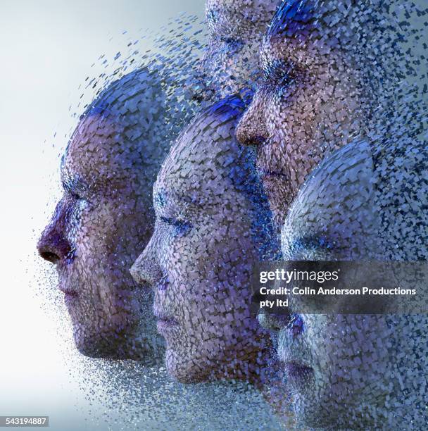 cloud blocks forming faces in sky - 3d face stock-fotos und bilder