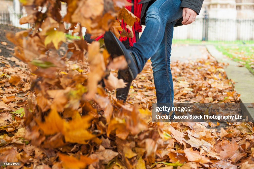 Japanese couple walking in autumn leaves