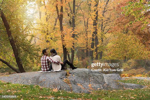 asian couple hugging on rock in park - couple central park stockfoto's en -beelden