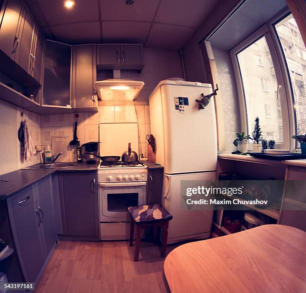 fish-eye lens view of domestic kitchen - fish eye lens stock pictures, royalty-free photos & images