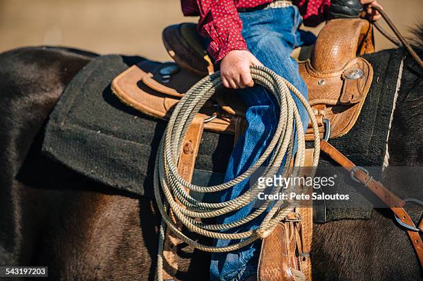 caucasian boy carrying lasso and riding horse - holding horse stockfoto's en -beelden