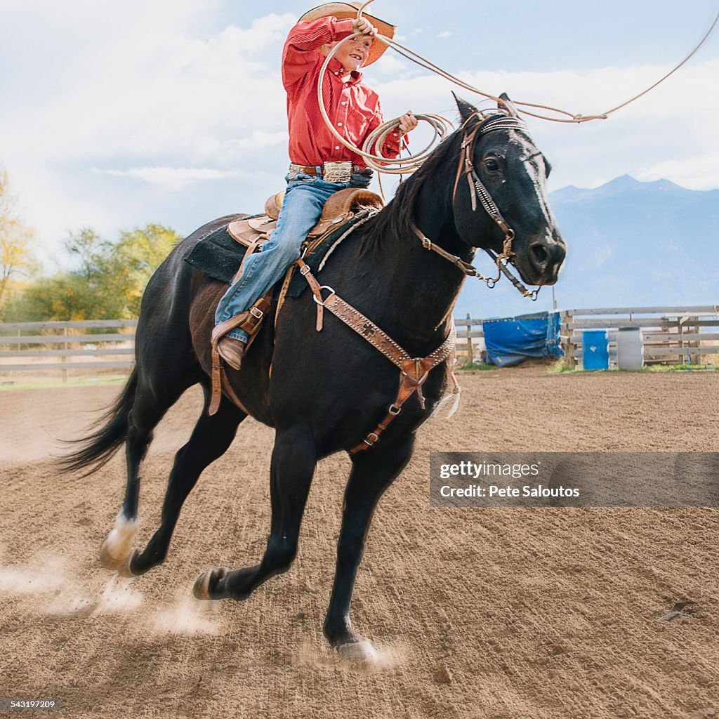 Caucasian Boy Using Lasso On Horse At Rodeo High-Res Stock Photo - Getty  Images