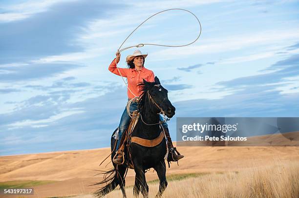 caucasian woman on horse throwing lasso in grassy field - cowgirl stock-fotos und bilder