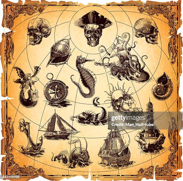 illustrazioni stock, clip art, cartoni animati e icone di tendenza di vecchia mappa elementi - planisfero antico