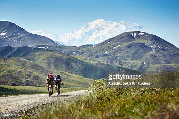 mid adult couple cycling on rural road, mount mckinley, denali national park, alaska, usa - alaska amerikaanse staat stockfoto's en -beelden