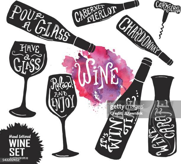 hand schriftzug ein set von wein-gläser und flaschen - weinflasche stock-grafiken, -clipart, -cartoons und -symbole