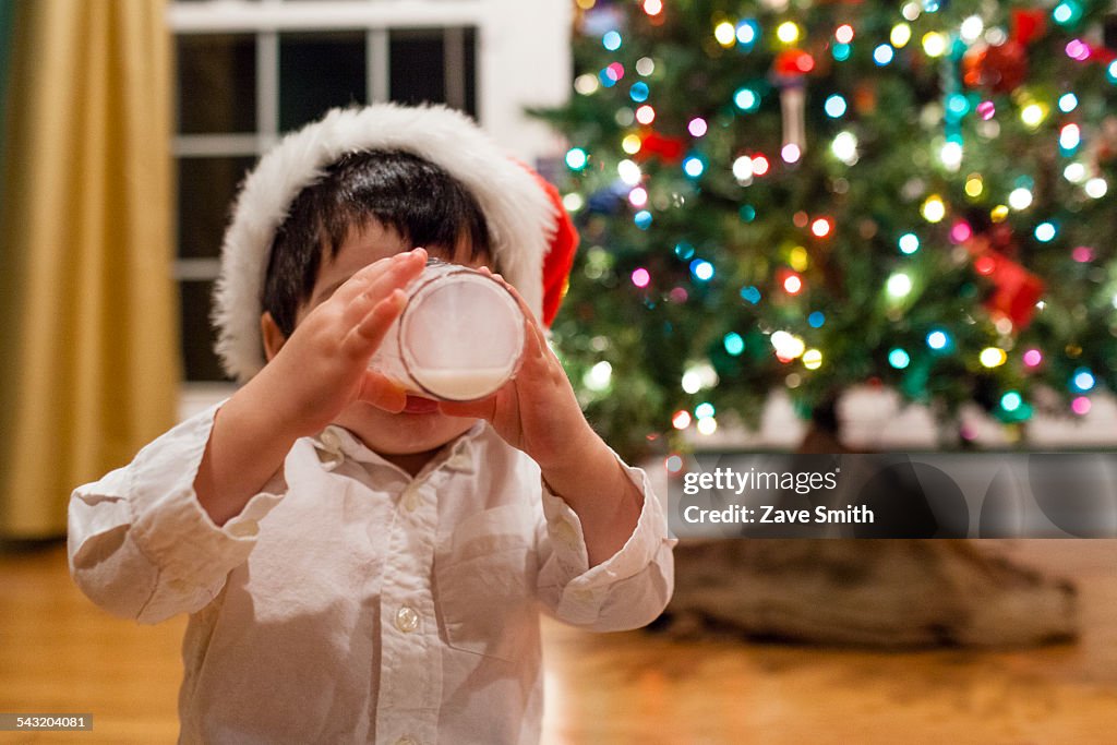 Male toddler drinking glass of milk in front of xmas tree