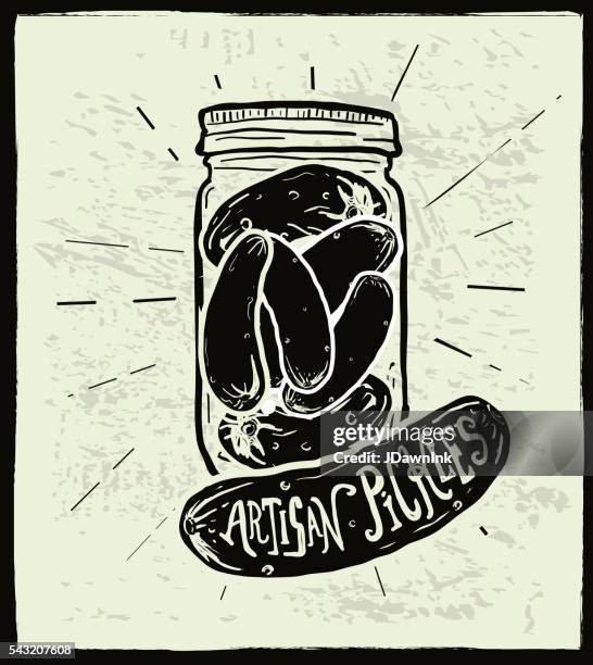 homemade artisan pickle jar with hand lettered label design - canning stock illustrations