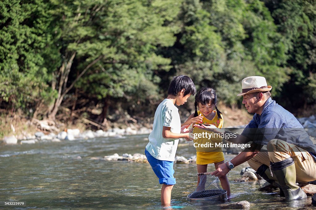 Father and two children playing by a river.