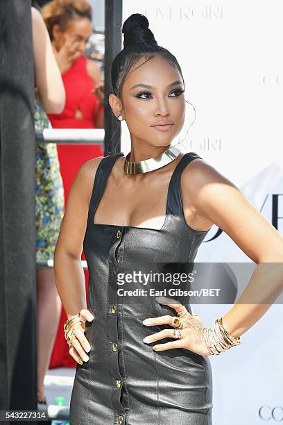 Actress/model Karrueche Tran attends the Cover Girl glam stage during the 2016 BET Awards at the Microsoft Theater on June 26, 2016 in Los Angeles,...