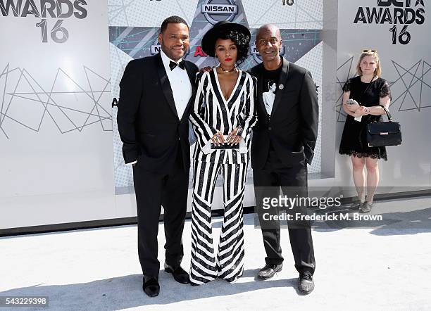 Host Anthony Anderson, singer Janelle Monae and Specials President Stephen G. Hill attend the 2016 BET Awards at the Microsoft Theater on June 26,...