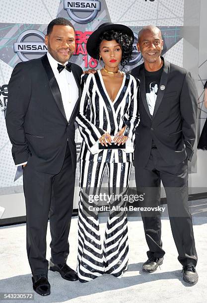 Actor Anthony Anderson, recording artist Janelle Monae, and BET Music Programming and Specials President Stephen G. Hill attend the 2016 BET Awards...