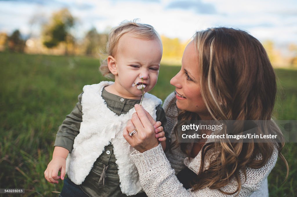 Mid adult woman holding up daisy for toddler daughter in field