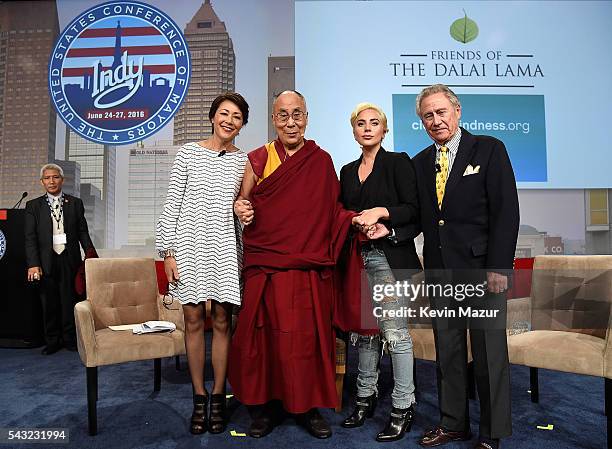 Lady Gaga joins his Holiness the Dalai Lama to speak to US Mayors about kindness at JW Marriott on June 26, 2016 in Indianapolis, Indiana.