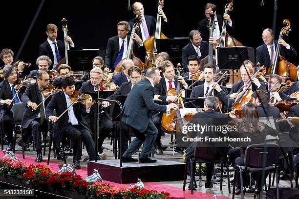 Berliner Philharmoniker with Canadin director Yannick Nezet-Seguin perform live during a concert at the Waldbuehne on June 26, 2016 in Berlin,...