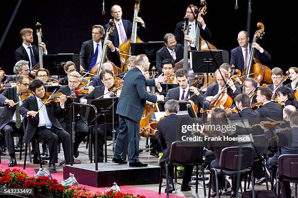 Berliner Philharmoniker with Canadin director Yannick Nezet-Seguin perform live during a concert at the Waldbuehne on June 26, 2016 in Berlin,...