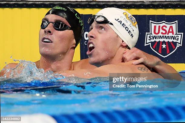 Connor Jaeger of the United States celebrates with Conor Dwyer of the United States after finishing first in the final heat for the Men's 400 Meter...