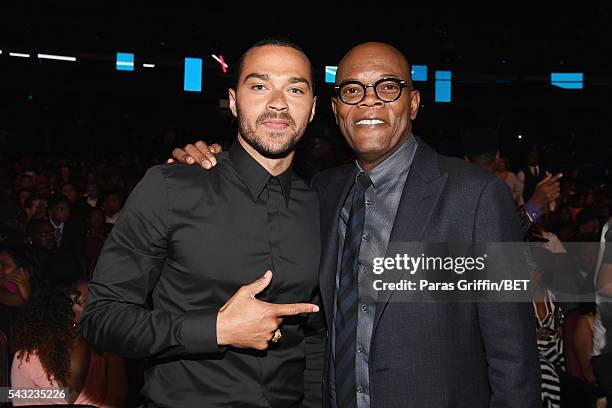 Honorees Jesse Williams and Samuel L. Jackson attend the 2016 BET Awards at the Microsoft Theater on June 26, 2016 in Los Angeles, California.