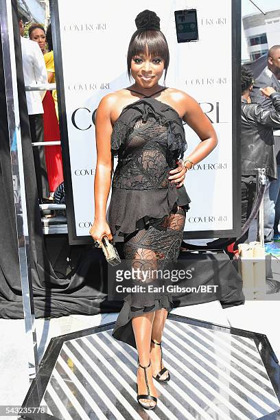 Actress Naturi Naughton attends the Cover Girl glam stage during the 2016 BET Awards at the Microsoft Theater on June 26, 2016 in Los Angeles,...