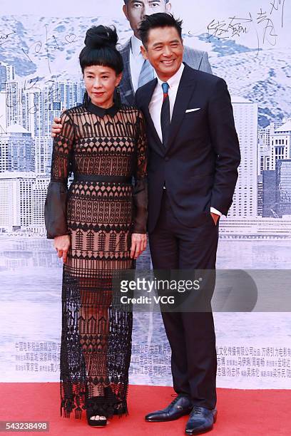 Actor Chow Yun-fat and his wife Jasmine Tan attend the the premiere of "Cold War 2" on June 26, 2016 in Beijing, China.
