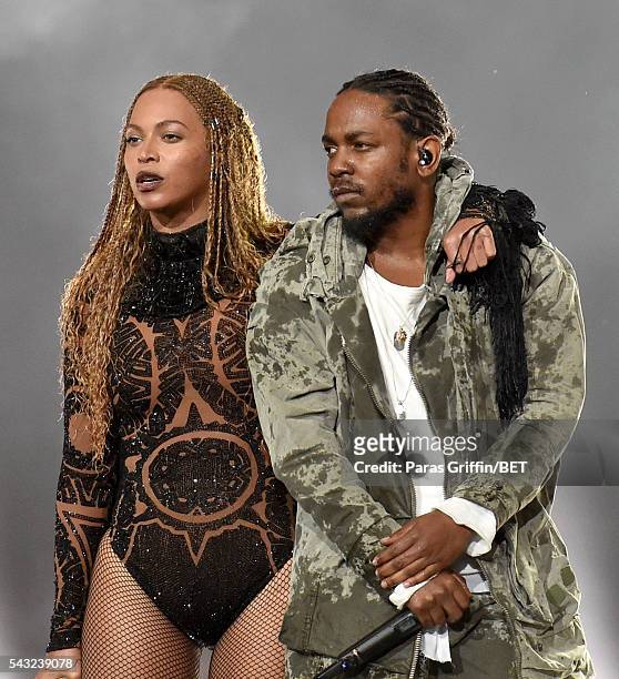 Recording artists Beyonce and Kendrick Lamar perform onstage during the 2016 BET Awards at the Microsoft Theater on June 26, 2016 in Los Angeles,...